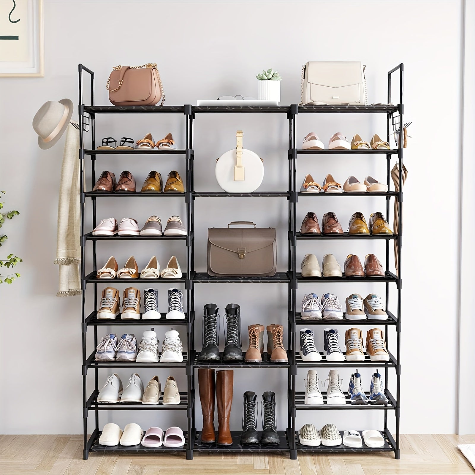 1 pc 9-tier shoe rack organizer (51" L x 10.6" W x 61.2" H), black, 50-55 pairs, stackable metal rack with entry hook, bedroom closet shoe rack
