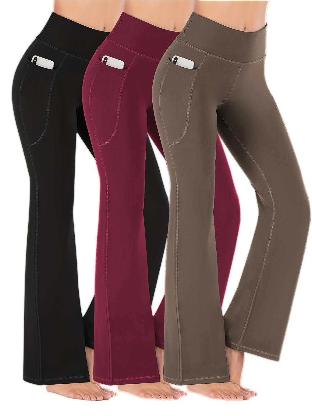 [Yoga Leggings] High Waist Solid Color Running Yoga Flare Leggings | Women's Activewear Wide Leg Bootcut Pants, Side Pocket Sports Workout