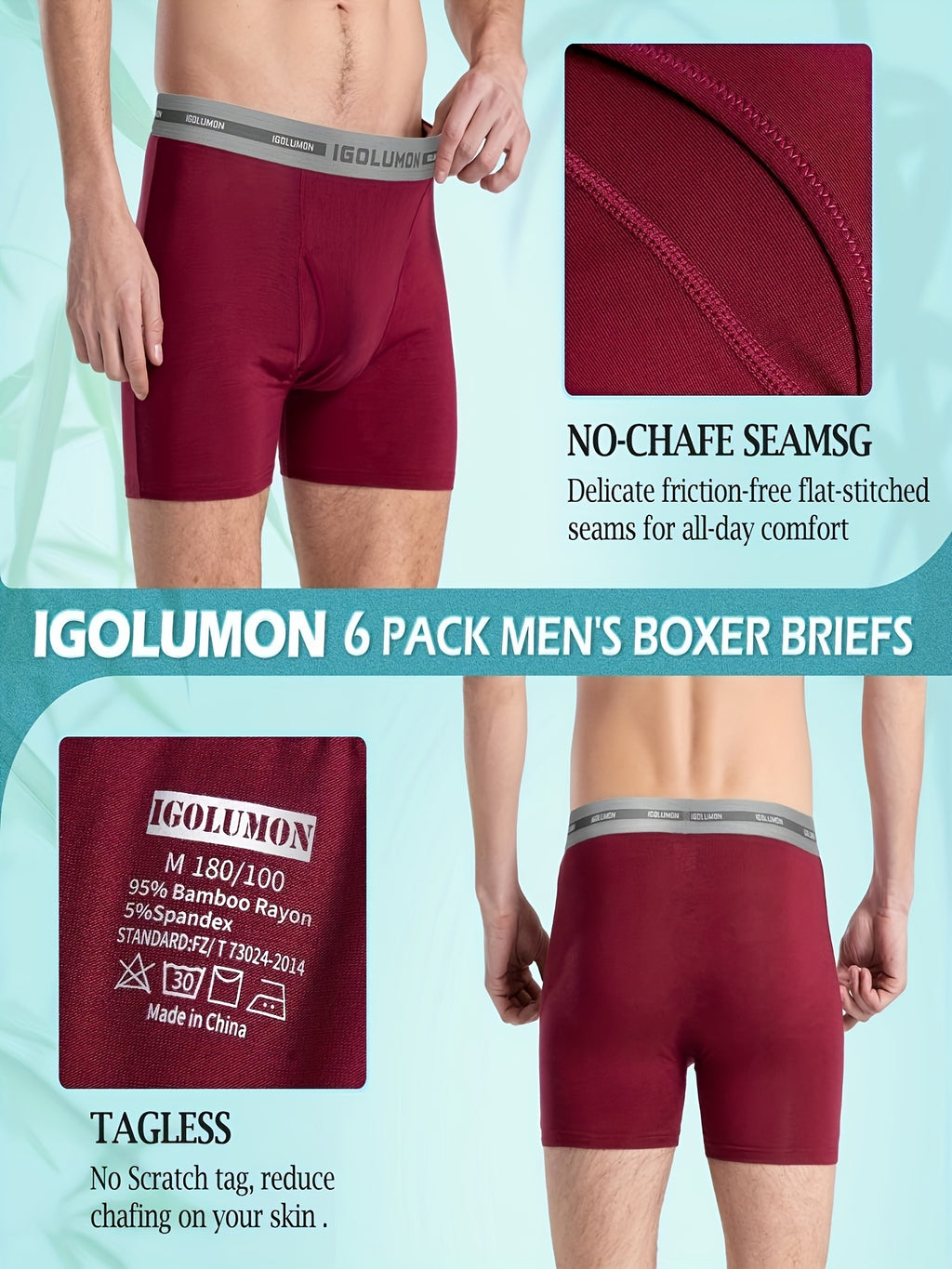 6 Pack Soft Bamboo Rayon IGOLUMON Mens Underwear, Breathable Boxer Briefs For Men Trunks With Fly