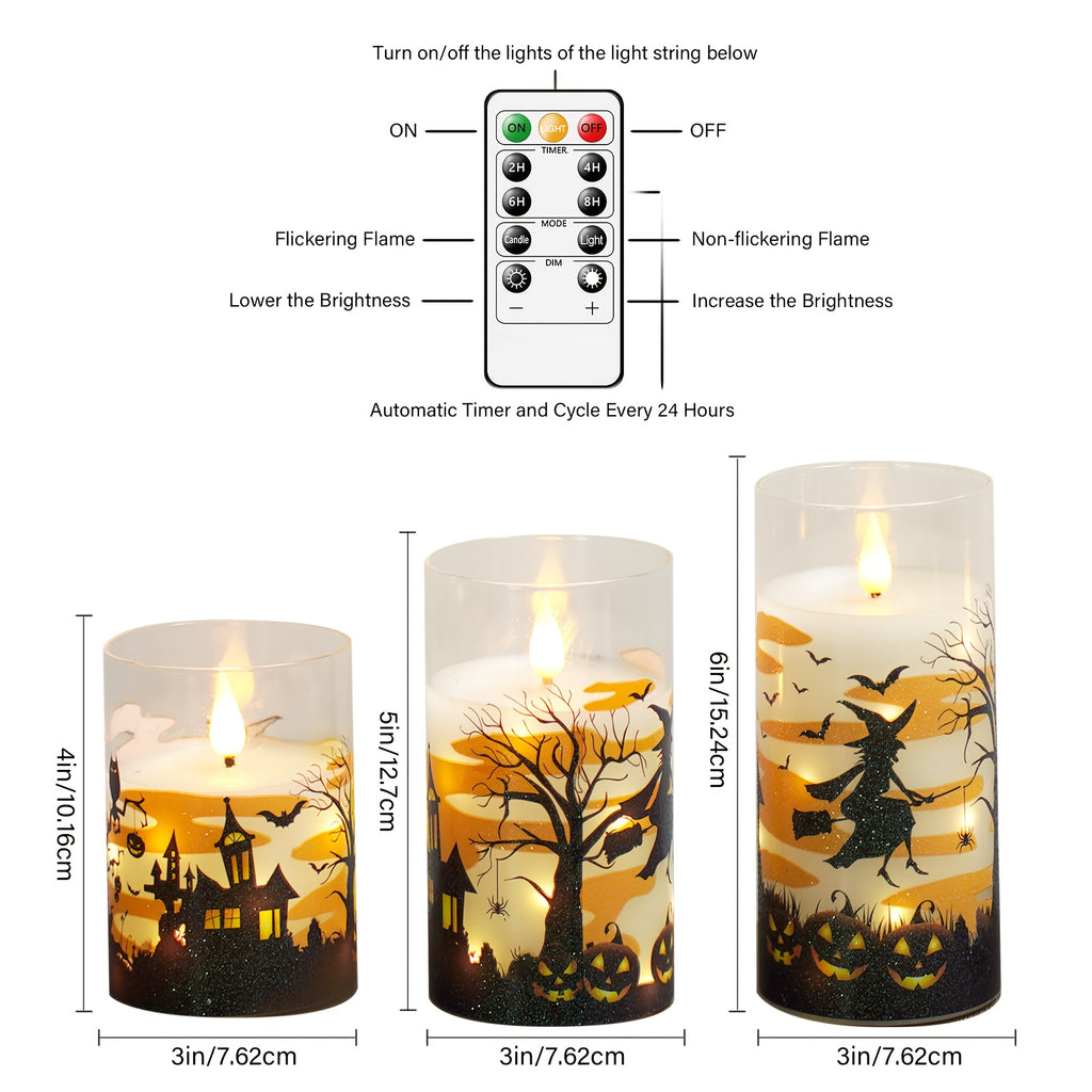 NIMIKO Halloween Limited Edition 3-Pack Built In Star Light String Battery Powered Smokeless Candles with Remote Control Timer Suitable for Festive Atmosphere Decoration Halloween Gifts Bedroom Decoration Home Decoration Para