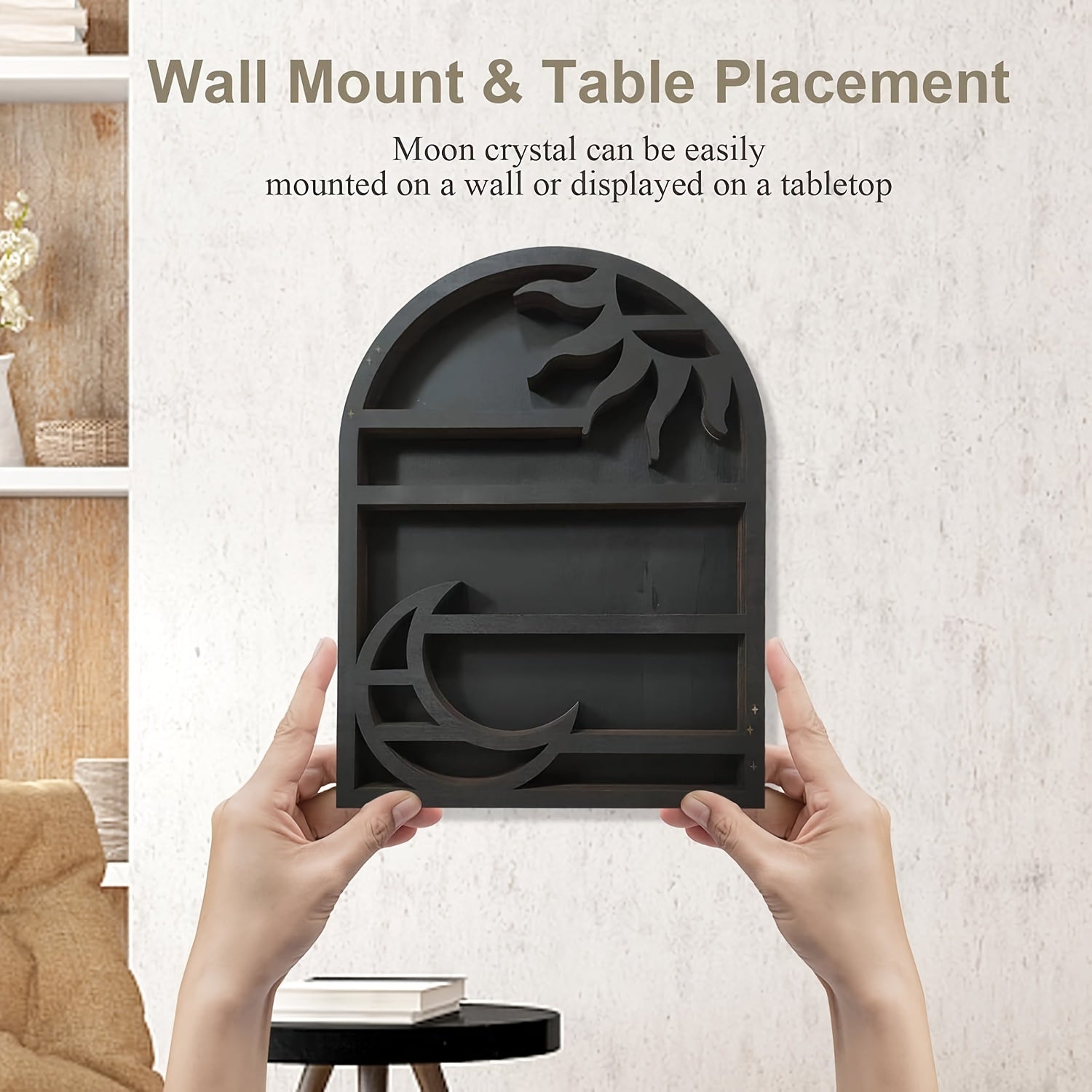 [Bohemian Wooden Display Rack] Wooden Moon & Sun Storage Rack - Wall-Mounted Crystal Display for Scented Candles and Stones, Bohemian Home Decor