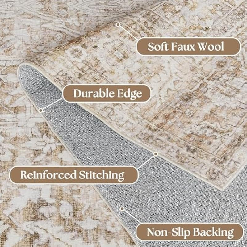 Boho Neutral Living Room Rug 5x7Washable Vintage Rustic Earth Tone Modern Farmhouse Style Easy to Clean Stain Resistant Area Rugs for Bedroom Dining Room Light Tan Brown and Beige