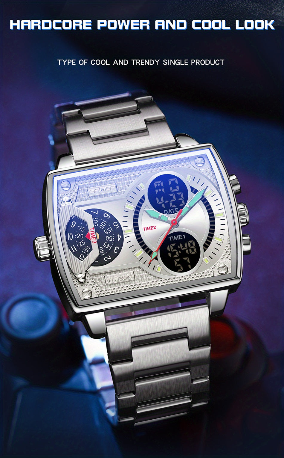 Large Dial Multi Time Zone Men's Watch, Square Dual Display Multifunctional Sports Watch with Dual Time Zone, Date, Alarm, and Stopwatch Functions