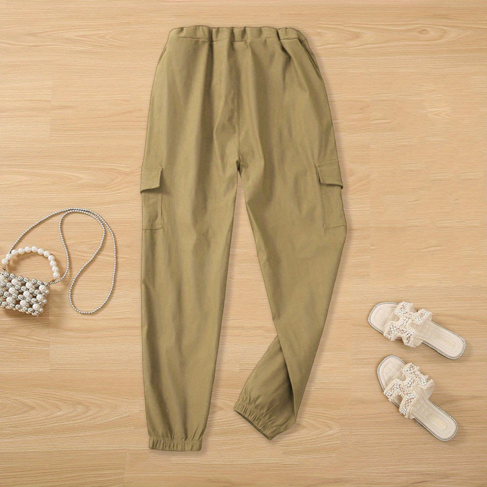 Y2K Solid Drawstring Cargo Pants, Casual Elastic Waist Long Length Pants With Pockets, Women's Clothing