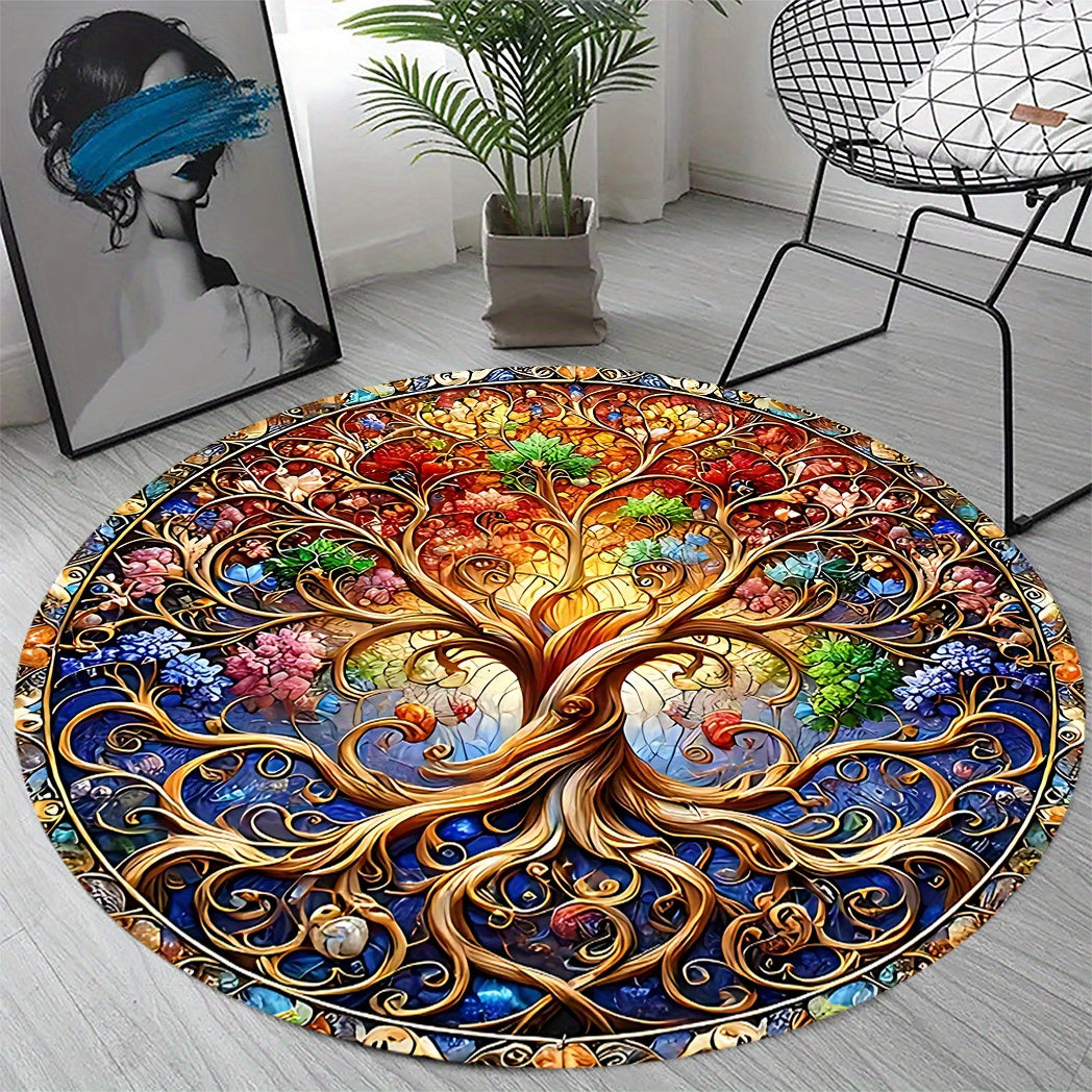 Tree of Life Round Area Mat - Vibrant Stained Glass Design, Non-Slip Rubber Backing, Easy to Clean 100% Polyester Fiber, Indoor/Outdoor Use for Living Room, Bedroom, Terrace, Camping - Large Size Available, Outdoor Rugs for P
