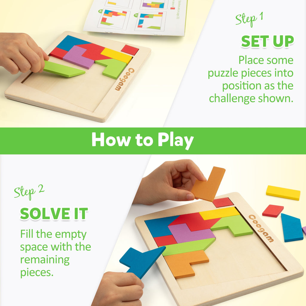 Coogam Wooden Puzzle Blocks Geometric Tangram Brain Teasers Jigsaw 3D Logic IQ Game Colorful Shape Pattern STEM Educational Toys Gift 60 Challenges For All Age