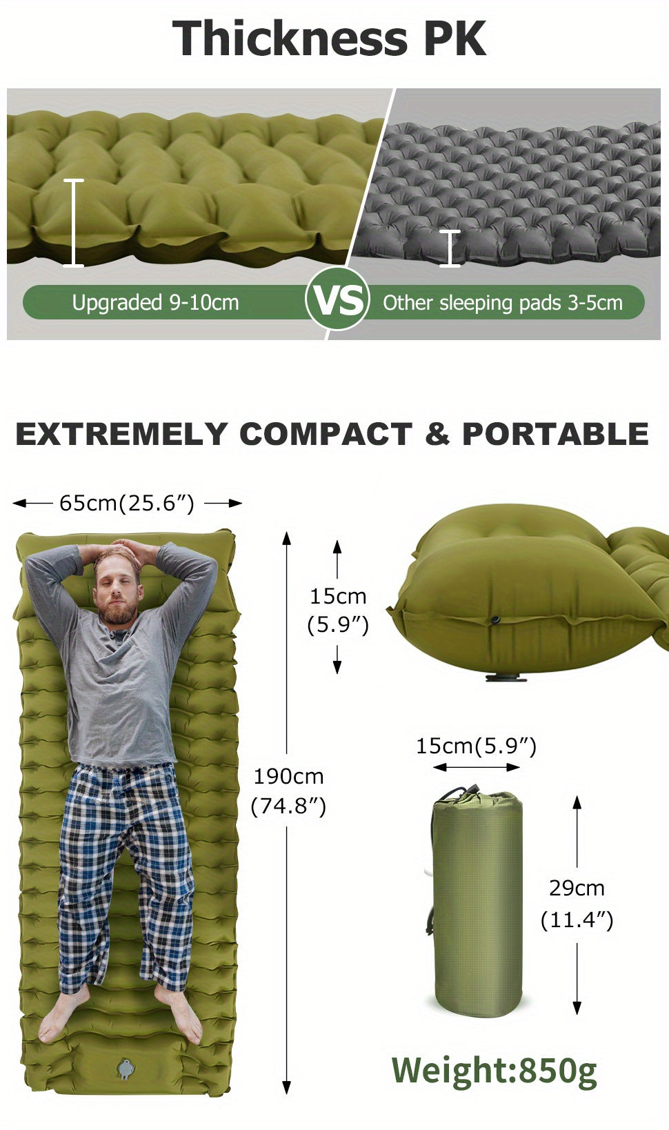 WESTTUNE Ultra-Comfort Camping Mattress - Thick, Lightweight Inflatable Sleeping Pad with Built-In Pillow & Pump for Hiking and Backpacking, WESTTUNE