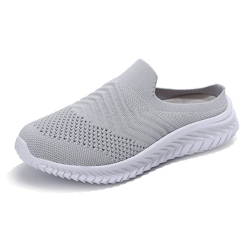 Women's Solid Color Knit Sneakers, Breathable Closed Toe Slip On Slippers, Casual Walking Mules