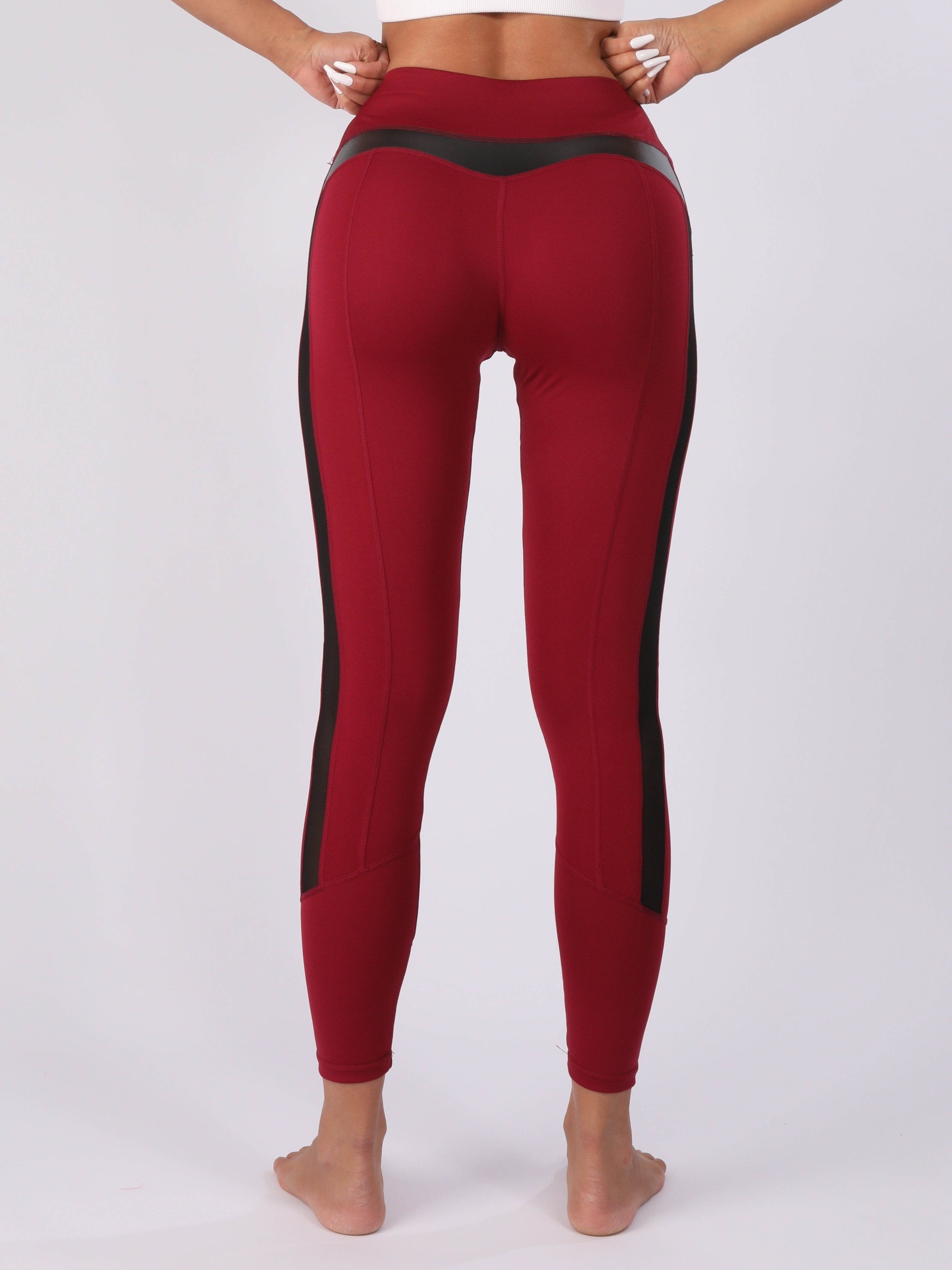 Women'S High Waist Hip Lifting Leggings, Quick Dry Polyester & Spandex Blend, Elastic Waistband, Contrast Mesh Detail, All-Season Sports Yoga Pants, Knit Fabric, 220g/m², Solid Color, Long Length