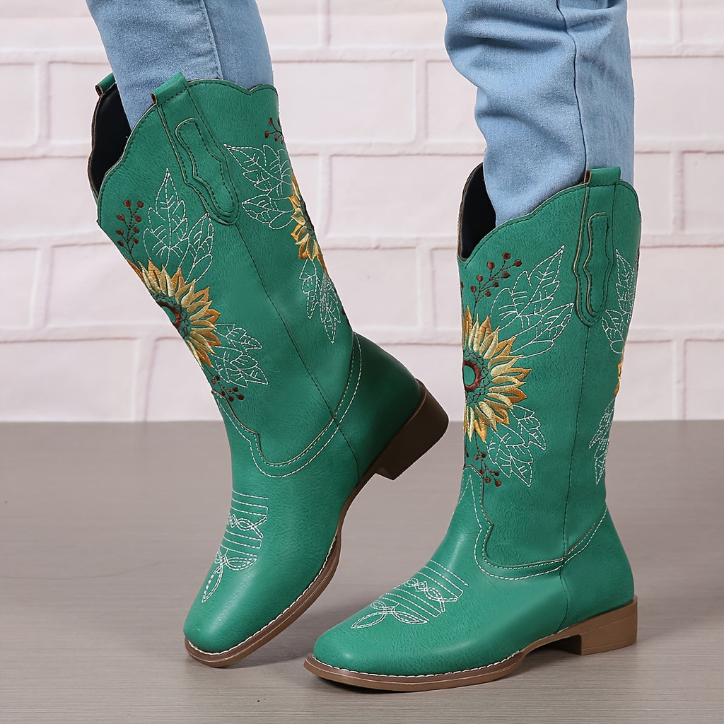 Women's Embroidered Mid Calf Western Boots, Faux Leather Fashion Boots, Women's Footwear