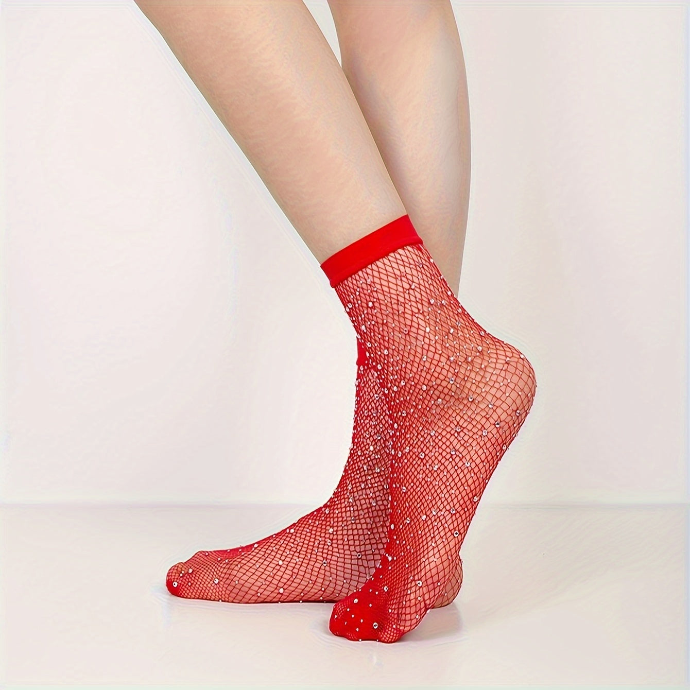 Rhinestone Black Fishnet Stockings, Sheer Fishnet Mid Tube Socks, Women's Underwear & Hosiery For Music Festival