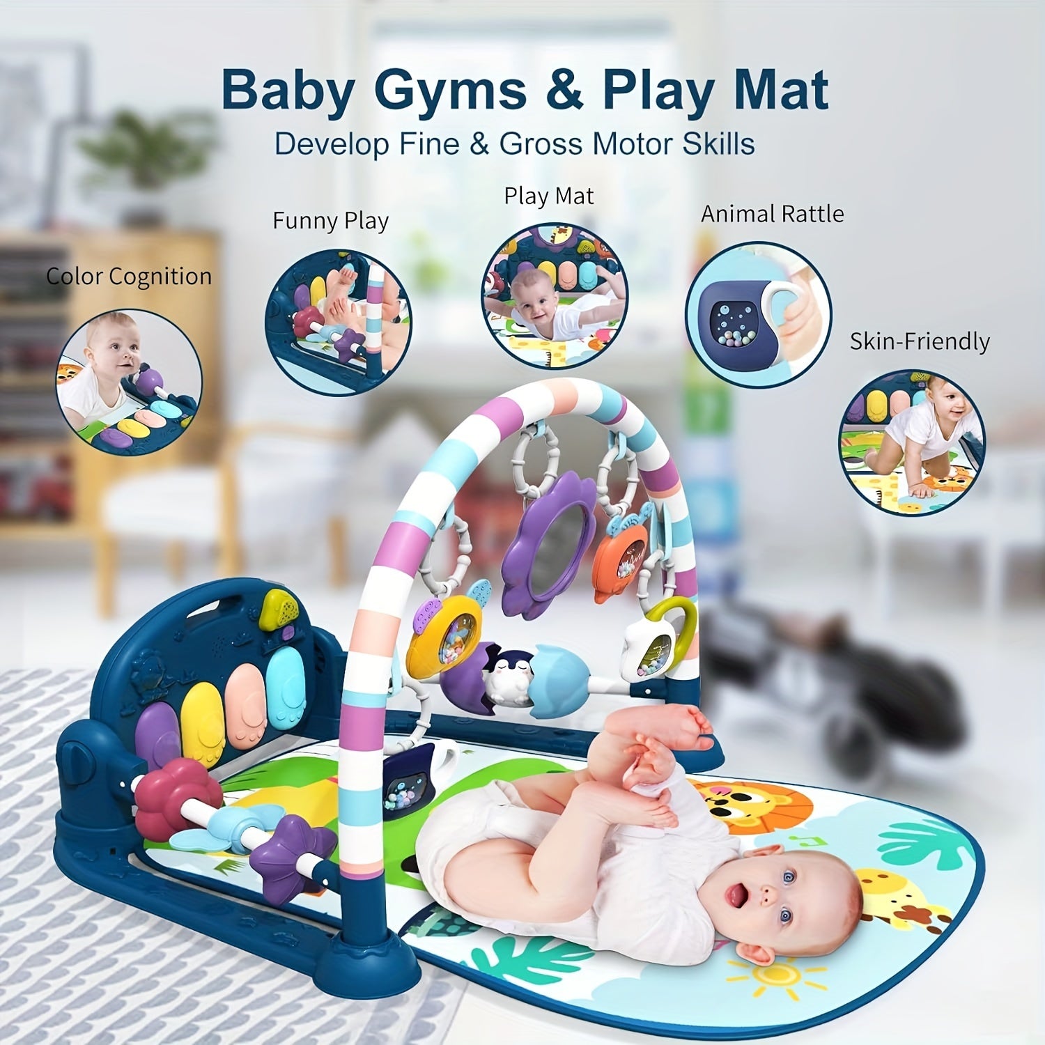 Play Game Mat, Funny Play Piano Tummy Time Activity Mat With 5 Toys & 4 Wrist Baby Rattle Socks, Boy & Girl Gifts