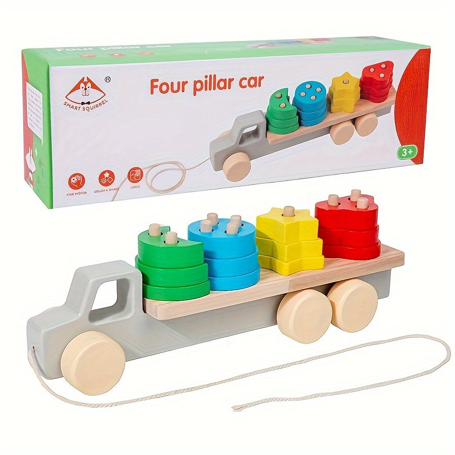 Children's wooden toys for early education, children's shape matching puzzle car, wooden trailer toy, baby shape recognition toy car, holiday gift