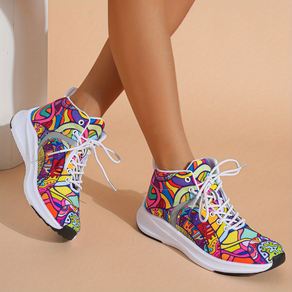 [Reflective Sneakers] Lightweight, Reflective Women's Hand-Painted Cartoon Print High-Top Sneakers