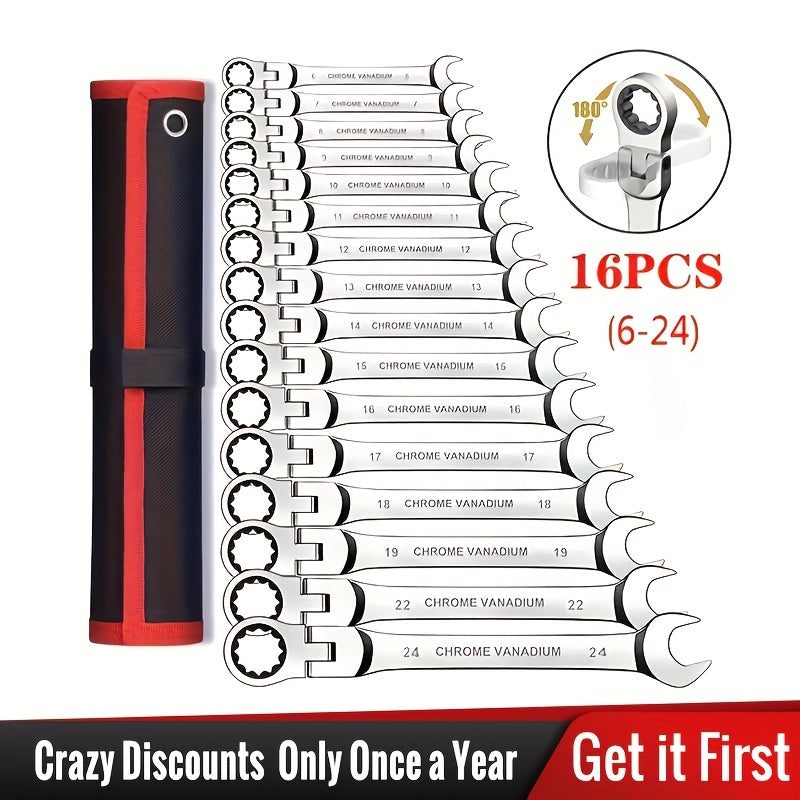 8pcs Ratchet Wrench Set | 72 Teeth 180° Flexible Head | CR-V Chrome Vanadium Steel Rust-Resistant and Durable | Includes Drawstring Bag for Storage | Suitable for Automotive/Home DIY Repair