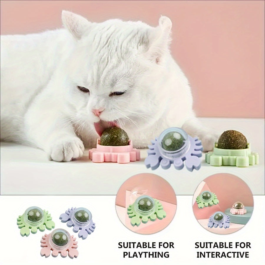 3 Packs Natural Catnip Balls, Interactive Cat Teeth Cleaning Toys, Cat Mint Playthings With Durable Holder - Pink, Green, Blue