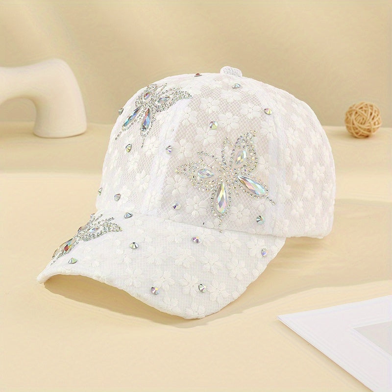 Lace Rhinestone Butterfly Baseball Cap Elegant Mesh Breathable White Sports Hats Adjustable Women Trucker Hats