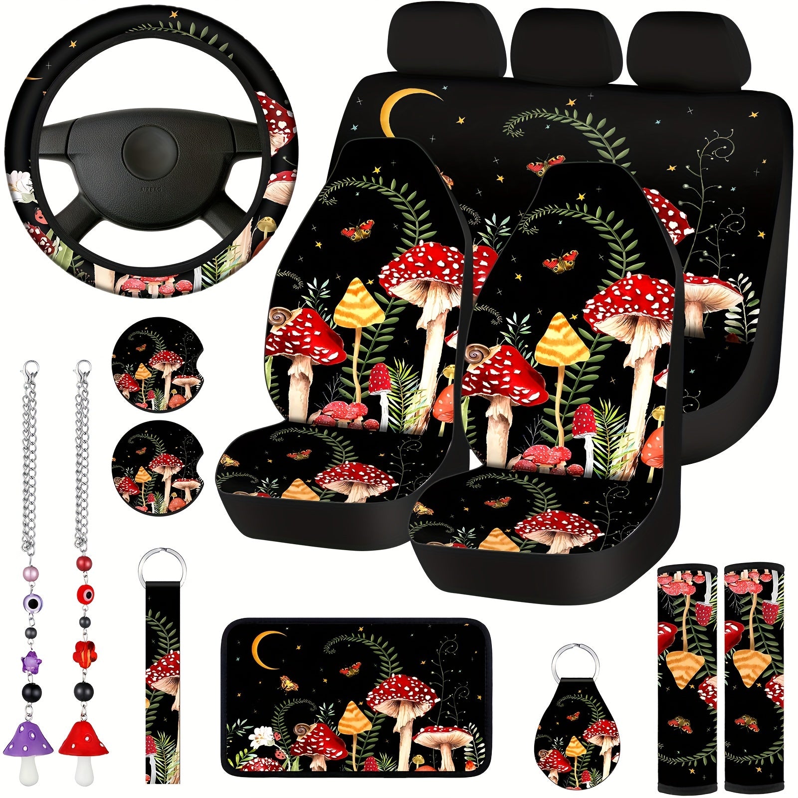 17pcs Mushroom Car Seat Covers Mushroom Car Accessories Full Set for Women Men Automotive Rear Front Seat Protector View Mirror Hanging Ornament Steering Wheel Belt Cover (Forest Mushroom)