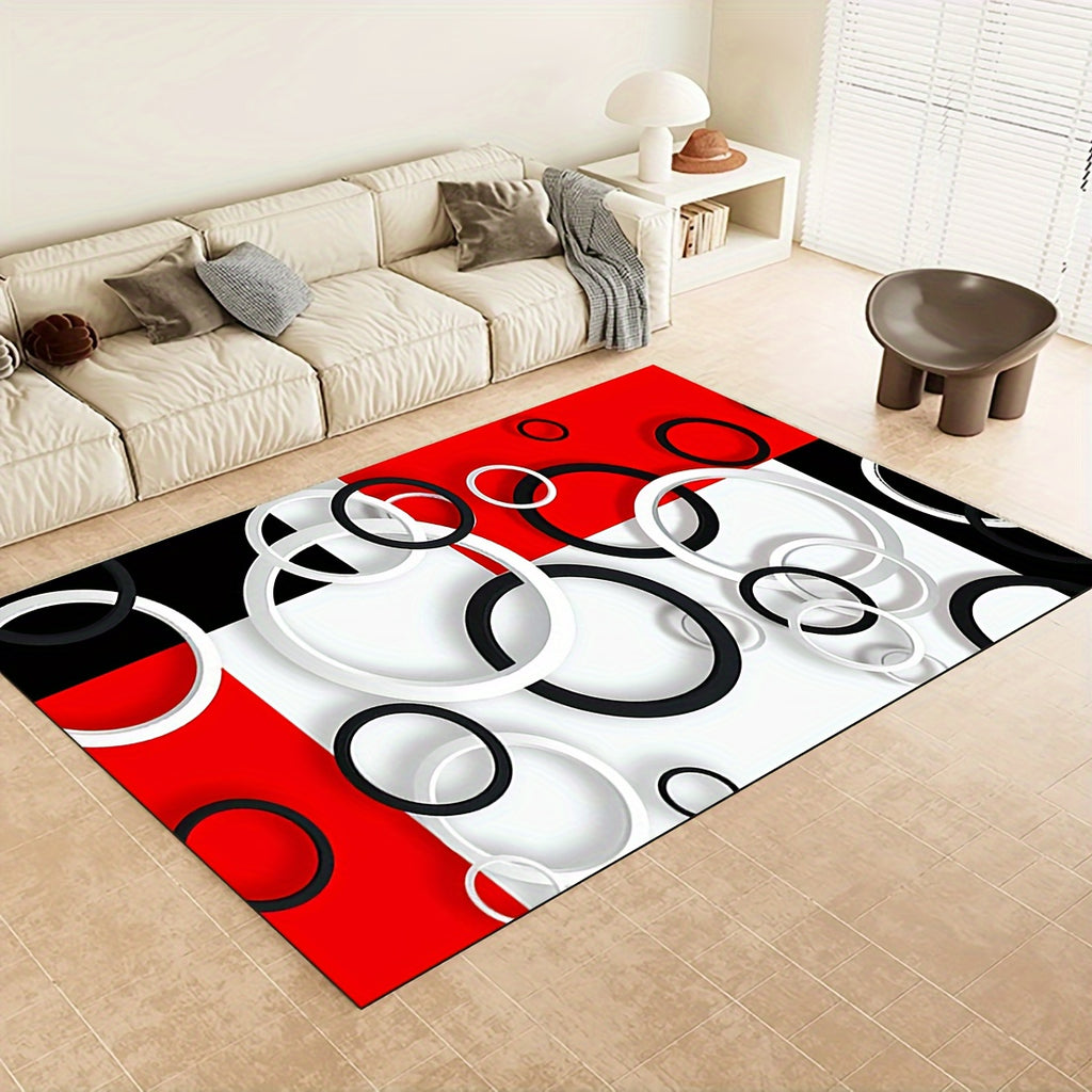 Luxury Modern Black, White & Red Circle Pattern Area Rug - Ultra-Soft Crystal Velvet, 800gsm, Non-Slip Backing, Machine Washable for Living Room, Bedroom, Kitchen, and More, Rugs for Living Room, Plastic Dot Pattern, Winter W
