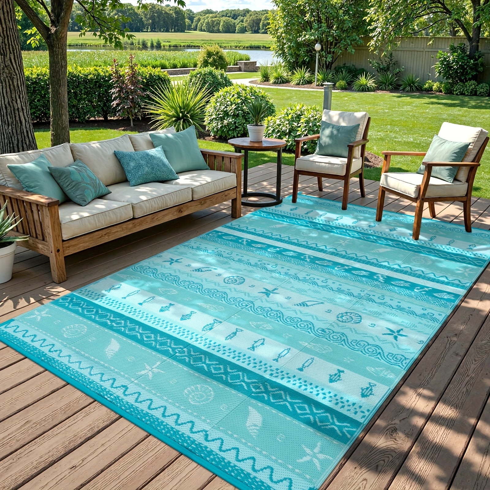 Coastal Outdoor Rug, Reversible Ocean Beach Theme Striped Patio Plastic Straw Rugs, Tribal RV Camping Outside Carpet Mat For Pool Back Yard Deck