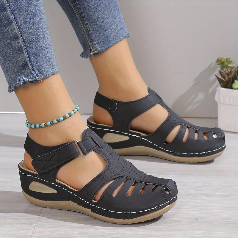 Women's Platform Sandals, Closed Toe Round Toe Solid Color Ankle Strap Sandals, Women's Hook And Loop Shoes