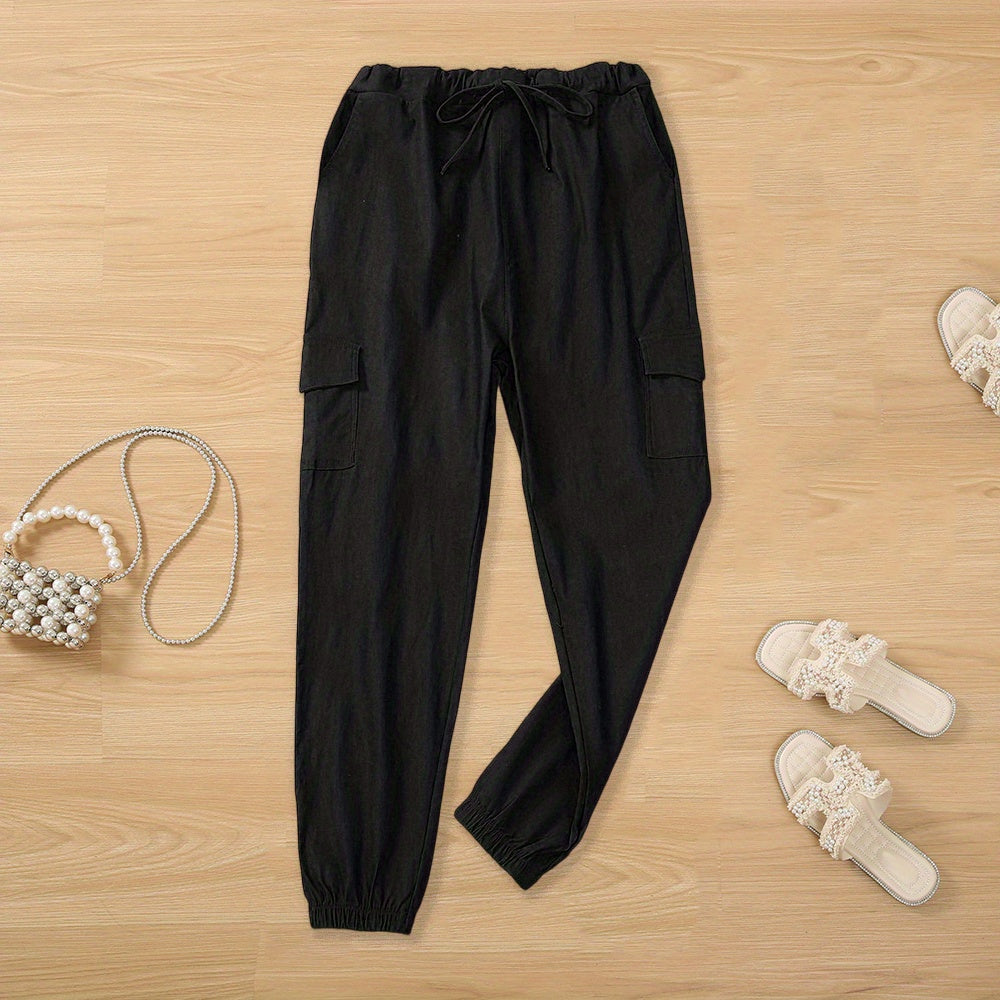 Y2K Solid Drawstring Cargo Pants, Casual Elastic Waist Long Length Pants With Pockets, Women's Clothing