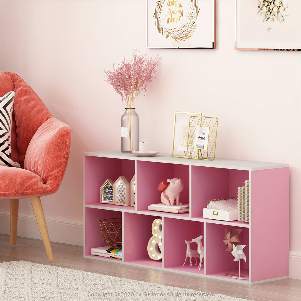 7-Cube Bookcase, Bookshelf, Storage Organizer, White/ Pink, Multi-Purpose Shelving Unit for Books, Clothes, Toys, Home Office, Living Room, Bedroom, Modern Design, Easy Assembly