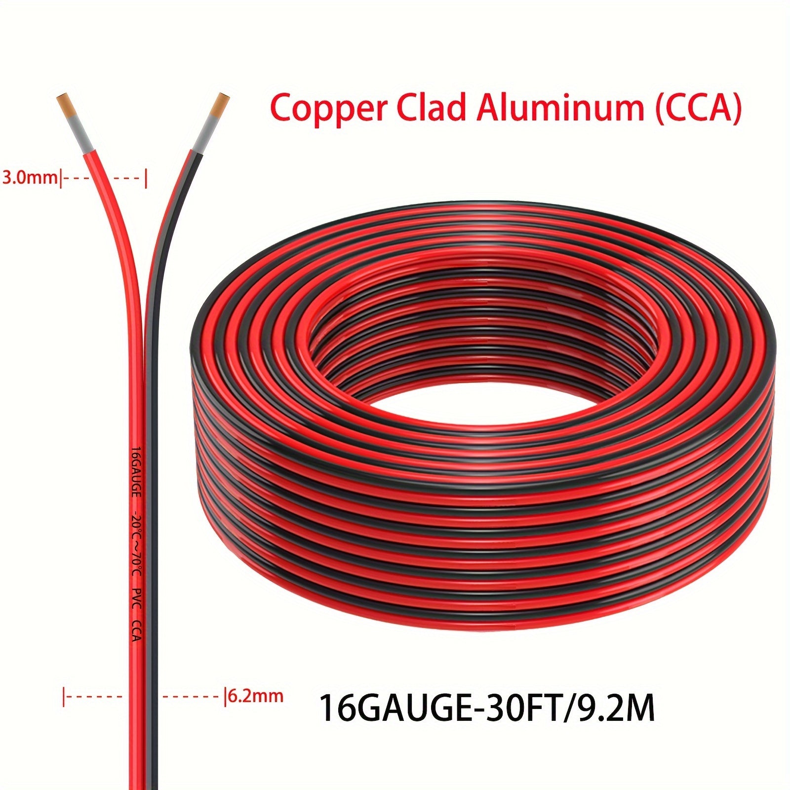 Flexible 2-Conductor Extension Cord - 12/14/16/18 Gauge, Red & Black, PVC Copper Clad Aluminum Wire for Speakers, LEDs, Automotive Use, Low Voltage, Electrical Wire, Speaker Wire