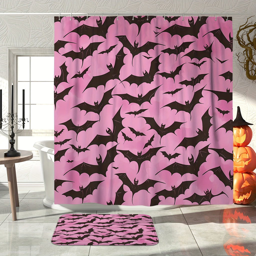 1/4pcs Halloween Bat Spooky Gothic Pink Black Shower Curtain Set with Shower Curtain and Rugs Polyester Waterproof Machine Washable for Halloween Bathroom or Shower Decor with 12 Hooks Non-slip Bath Mat U-shape Toilet Lid Cov