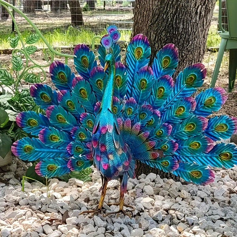 Large Metal Painted Peacock Garden Sculpture - 1pc Figurine for Fountain, Pool, Yard, Lawn, Garden Art - Easter, Halloween, Mother's Day, Thanksgiving, Fall Decor