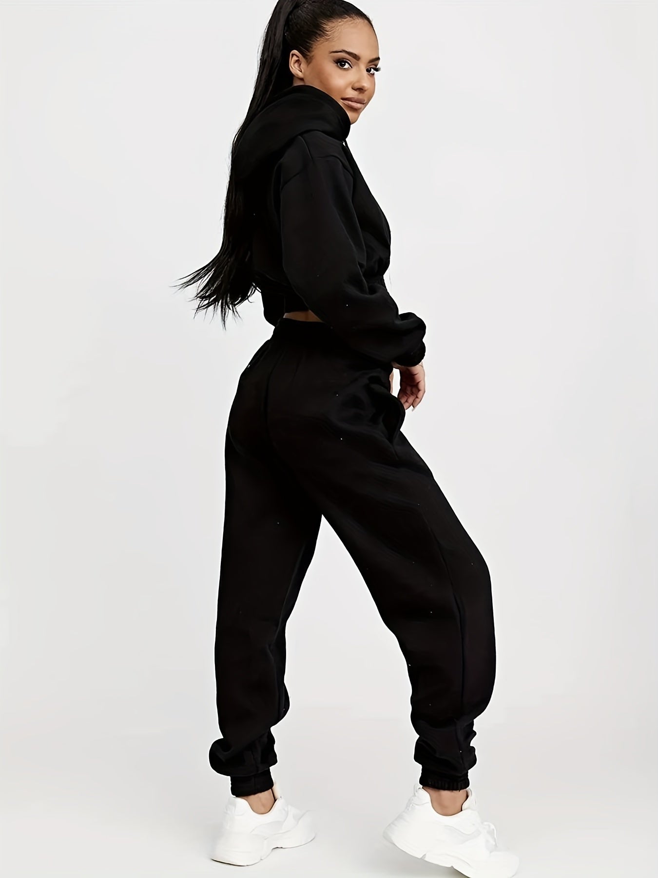2pcs Plain High Stretch Sporty Suit, Long Sleeves Drawstring Hooded Sweatshirt & Jogging Pant Sports Set, Women's Activewear