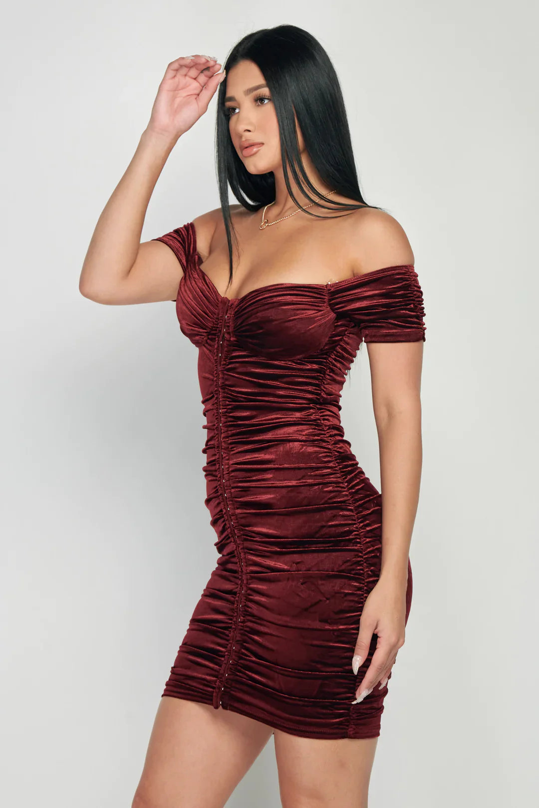 LUX SHINY VELVET OFF SHOULDER HOOKED RUCHED BODYCON MINI DRESS