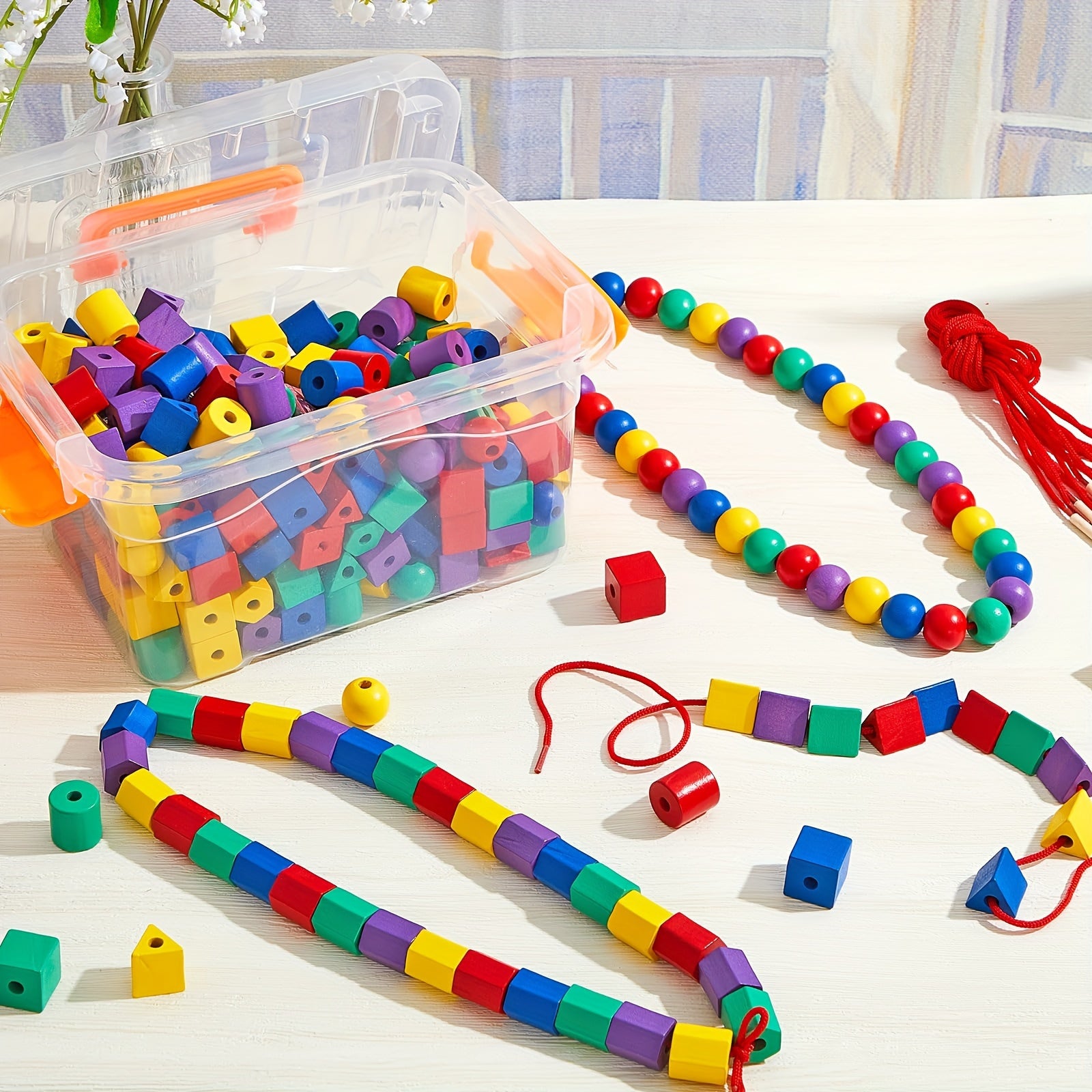 80pcs Lacing Beads for Toddlers Color and Shape Sorter Toys Occupational Relax for Preschool Includes String & Bag