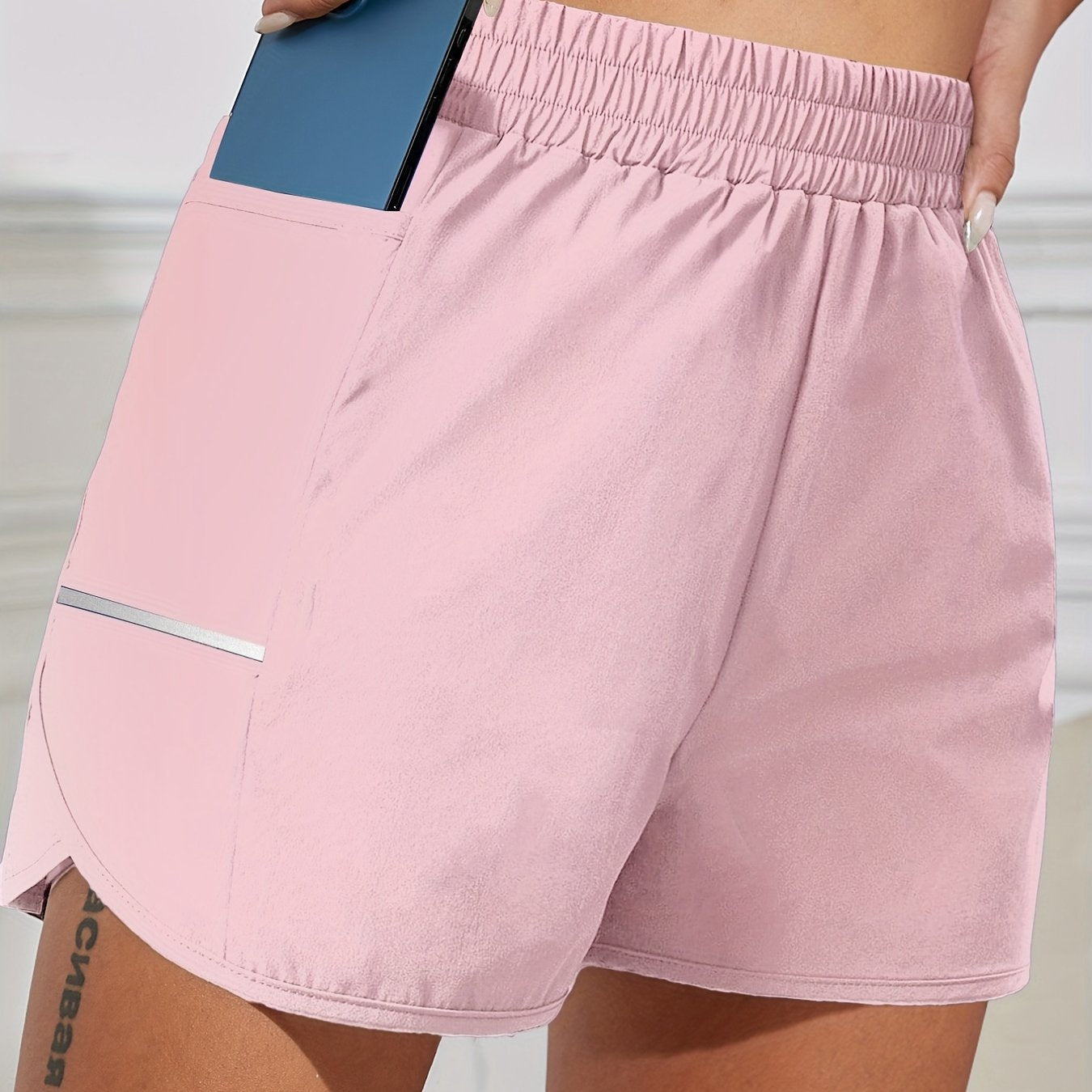 Women's Sports Shorts With Phone Pocket, Elastic Waist Quick Drying Running Shorts, Women's Activewear