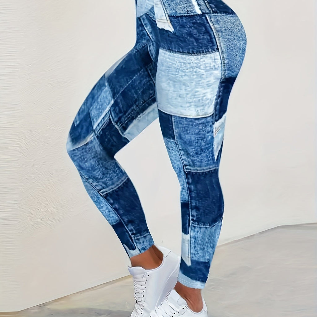 Yoga Fitness Leggings, Plaid Panel Denim Print High Waist Sports Pants, Women's Activewear
