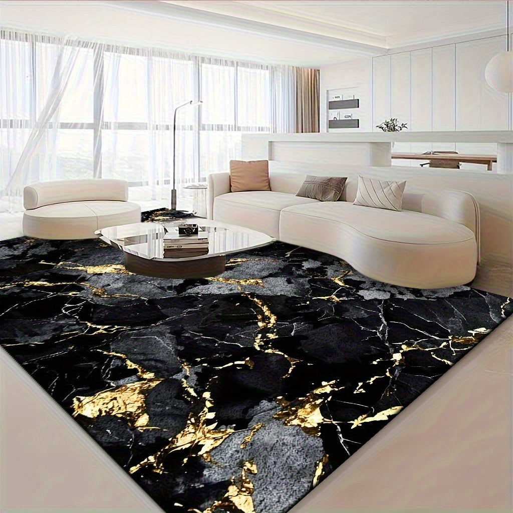 Velvet Area Mat with Luxurious Black and Golden Marble Pattern – Soft, Thick, Non-Slip, Machine Washable for Living Room or Bedroom Decor, Lightweight Polyester Fiber, Rectangular Shape, Perfect for Holidays like Christmas