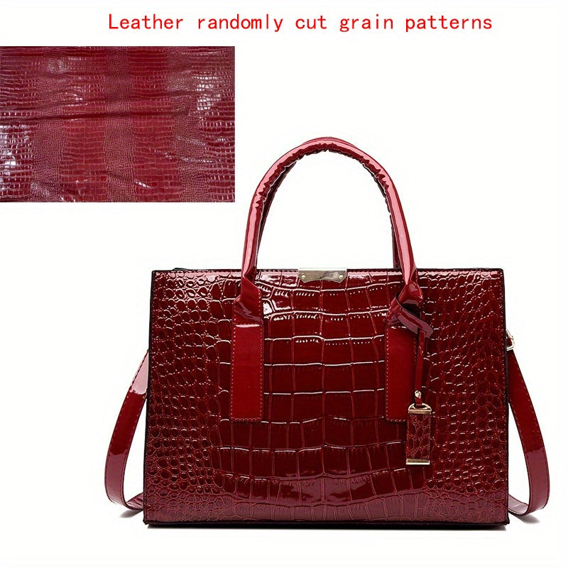 Crocodile Embossed Handbag, Trendy PU Leather Top Handle Purse, Women's Solid Color Shoulder Bag
