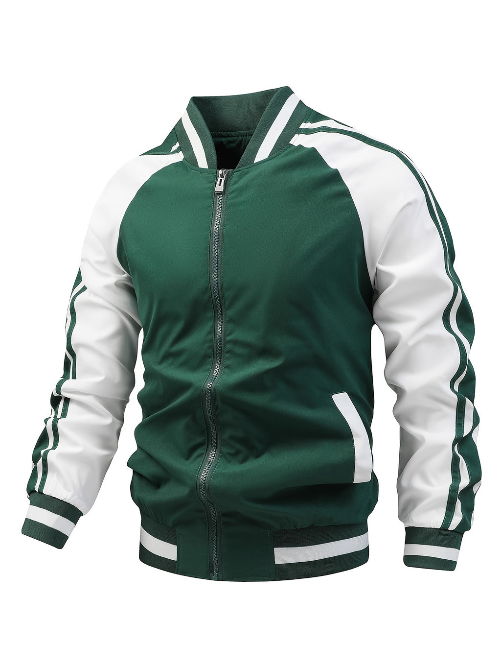 Men's Color Block Graphic Sports Jacket, Casual Striped Zip Up Varsity Jacket For Outdoor Fall Winter