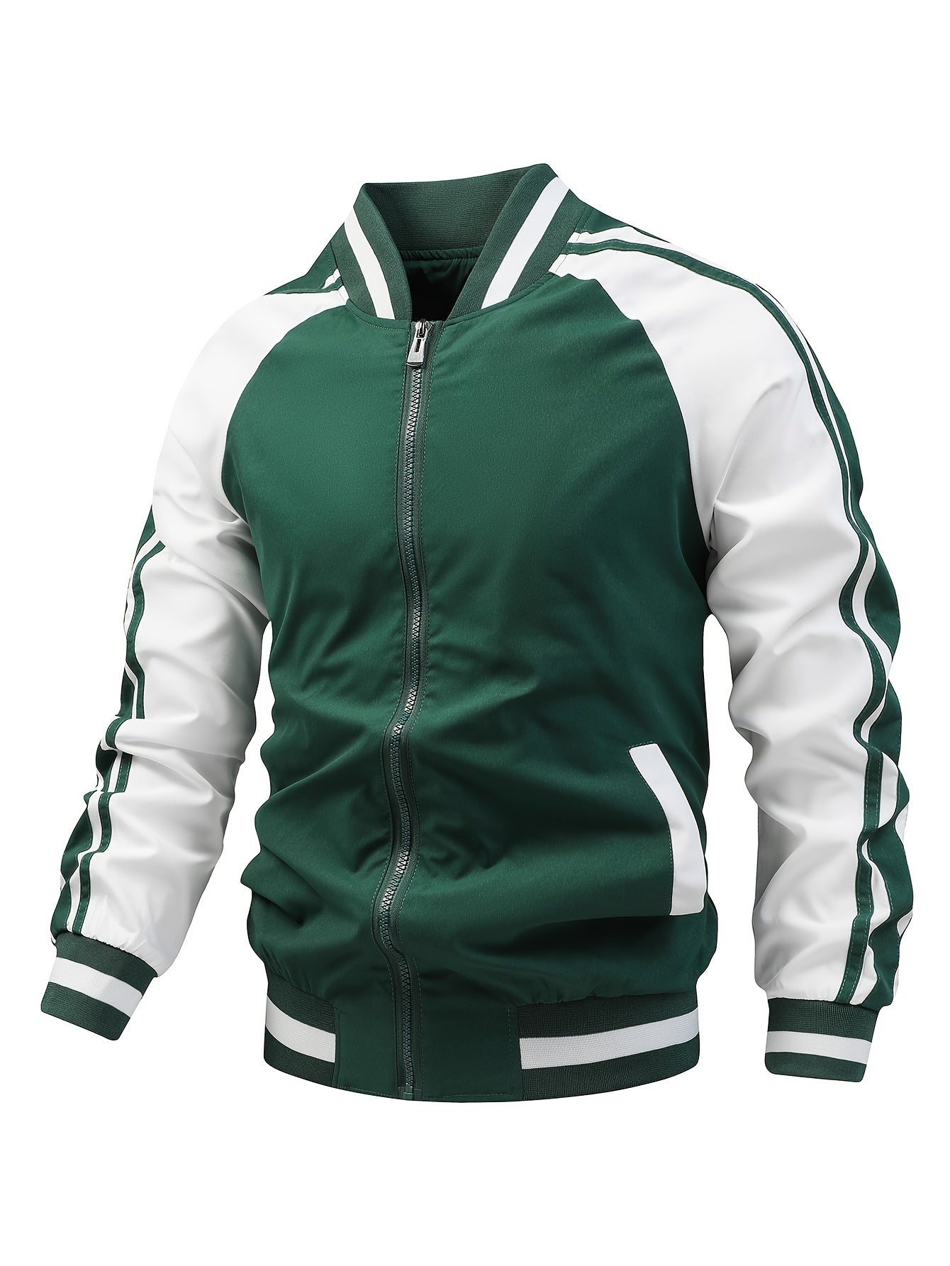 Men's Color Block Graphic Sports Jacket, Casual Striped Zip Up Varsity Jacket For Outdoor Fall Winter