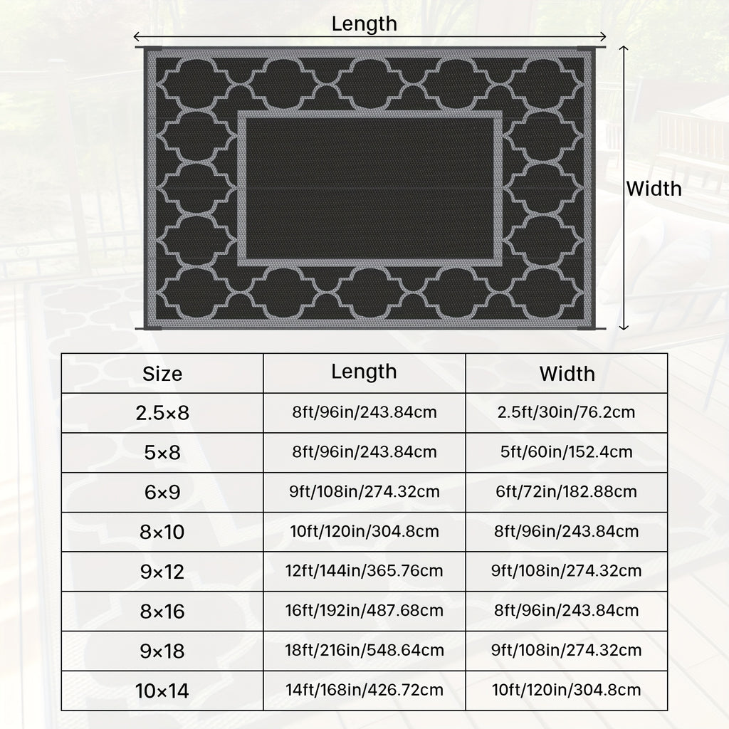 Outdoor Rug Patio Waterproof, Reversible Plastic Straw Area Rugs Mat For Camper Decor, Outside Carpet For Camping, Rv, Deck, Porch, Picnic, Beach, Balcony, Black & Grey