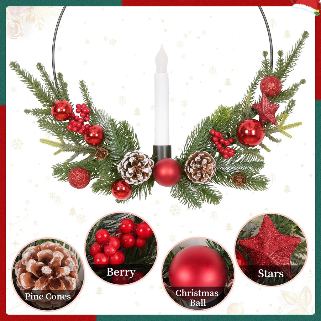 2-Pack ASPMIZ Traditional Christmas Wreaths with LED Lighted Taper Candles, Remote Control, Berries, Pine Cones - Wall Hanging Decor for Holiday, Winter - Plastic, Requires 2 AA Batteries (Not Included)