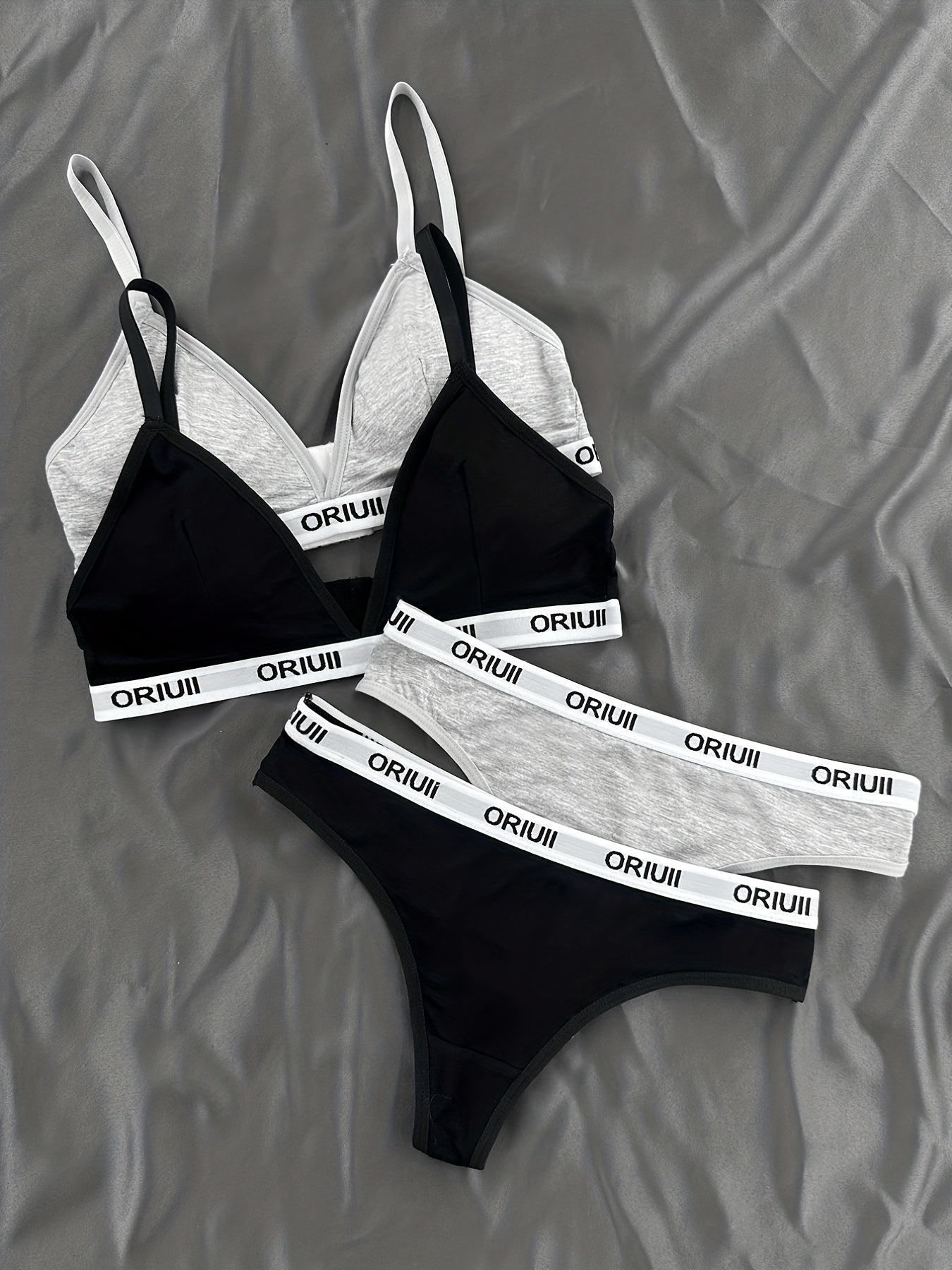 2 Sets Letter Print Bra & Panties, Wireless Sports Bra & Elastic Thong Lingerie Set, Women's Lingerie & Underwear