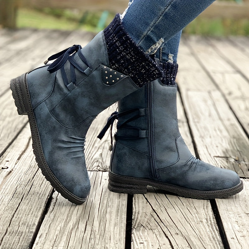 Vintage Classic Elegant 's Mid-Calf Boots.  Grey, Black, Khaki, Blue, Purple Womens Shoes Round Toe Slip On