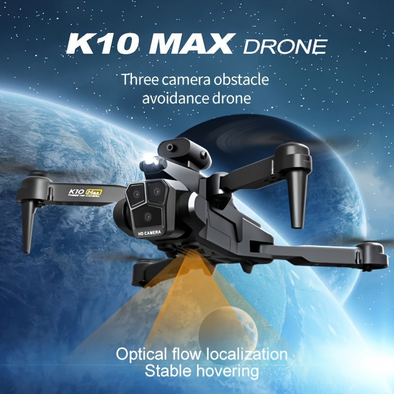2.4Ghz Wifi FPV K10 MAX Triple-Camera RC Drone - 360° Obstacle Avoidance, Optical Flow Positioning, Headless Mode, One-key Take Off/Landing, Foldable Quadcopter Toys Drone with SD Three ESC Camera