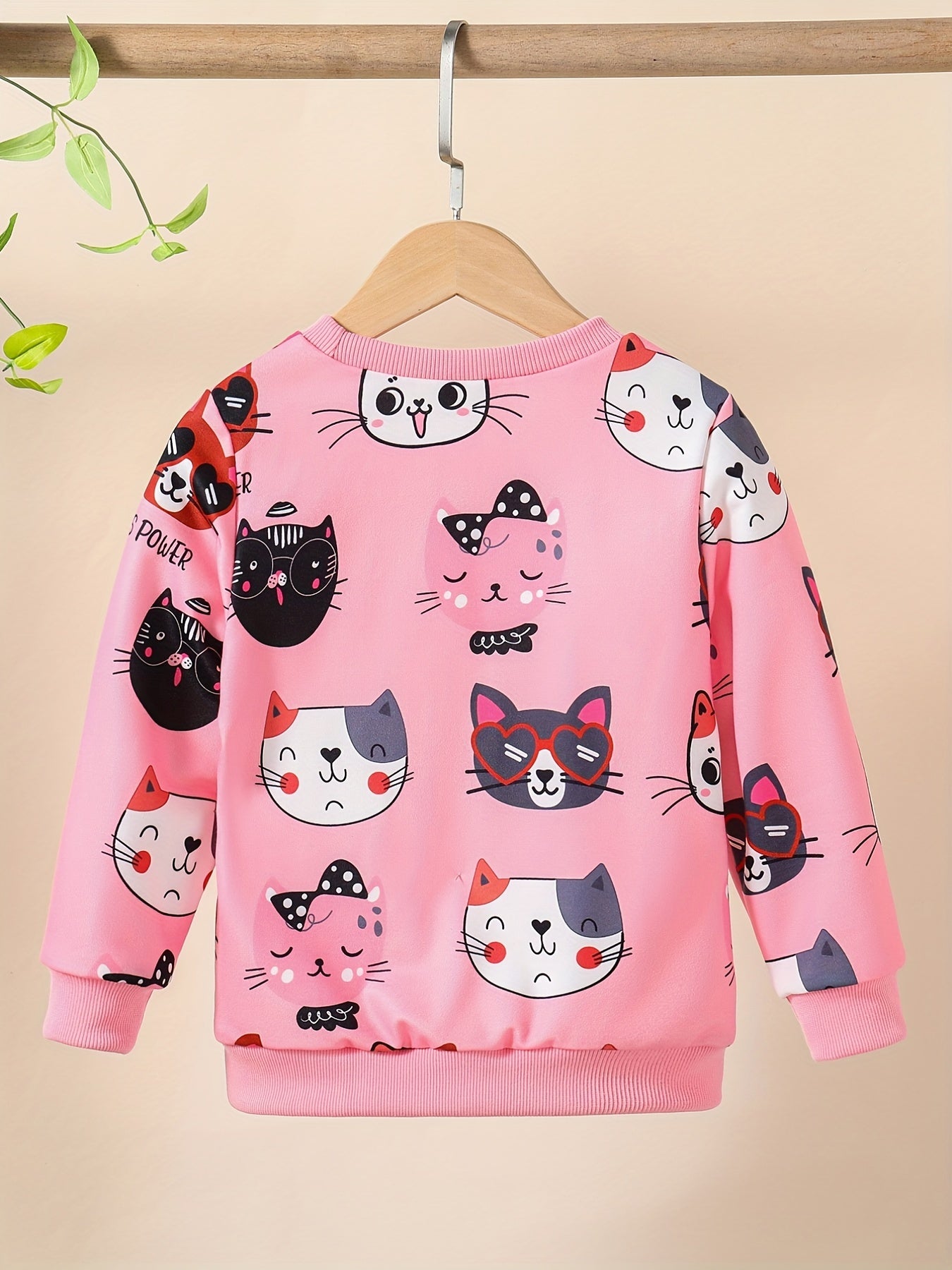 Girls' Cute Cat Print Sweatshirt - Pastel Pink with & Cat Design, Soft Round Neck Long Sleeve Top for Everyday & Special Occasions