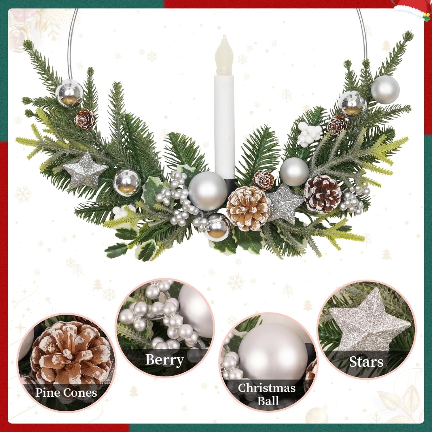 2-Pack ASPMIZ Traditional Christmas Wreaths with LED Lighted Taper Candles, Remote Control, Berries, Pine Cones - Wall Hanging Decor for Holiday, Winter - Plastic, Requires 2 AA Batteries (Not Included)