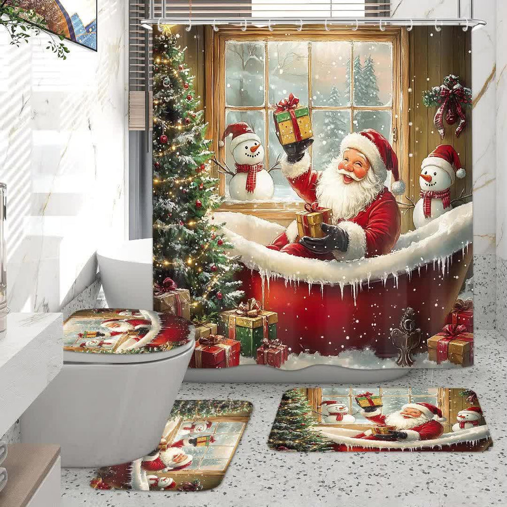 4pcs Red Christmas Santa Claus Shower Curtain Set, Curtain Set with Non-Slip Rugs, Toilet U-Shape Mat, Toilet Seat Cover, Machine Washable Curtain Set with 12 Hooks, Funny Christmas Santa with Snowman And Tree Shower Curtain