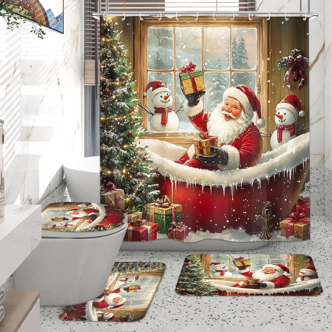 4pcs Red Christmas Santa Claus Shower Curtain Set, Curtain Set with Non-Slip Rugs, Toilet U-Shape Mat, Toilet Seat Cover, Machine Washable Curtain Set with 12 Hooks, Funny Christmas Santa with Snowman And Tree Shower Curtain