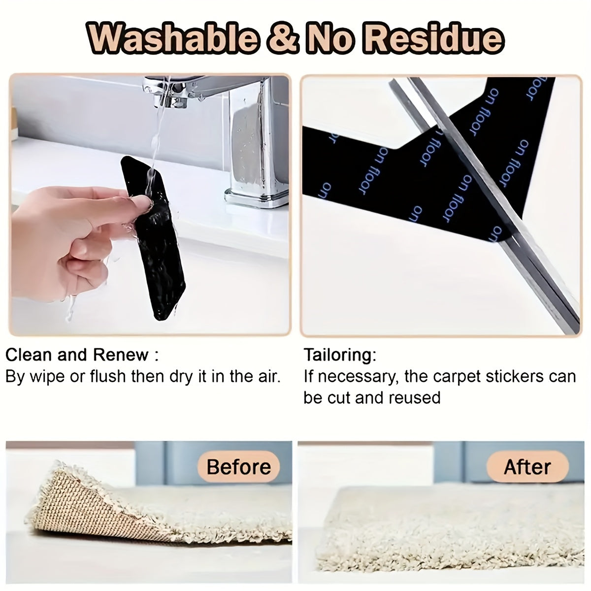 Rug Tape Hardwood Floor No Damage, Reusable Washable Grippers for Rugs, Carpet Tape for Area Rugs, Non-Slip Area Keeps Your Rug in Place and Makes Corners Flat for Corners