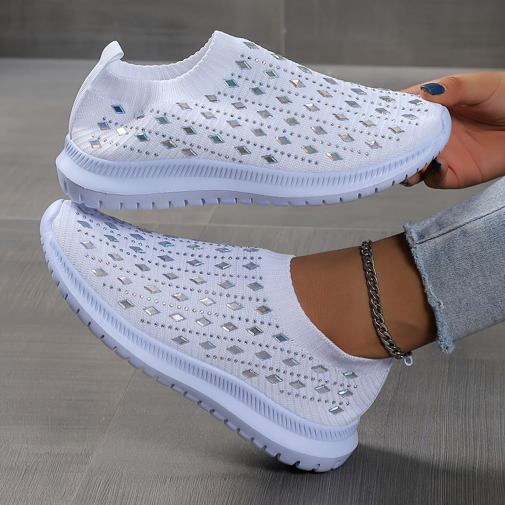 Women's Slip On Sock Shoes, Rhinestone Decor Knitting Low Top Sports Shoes, Breathable Walking Sneakers